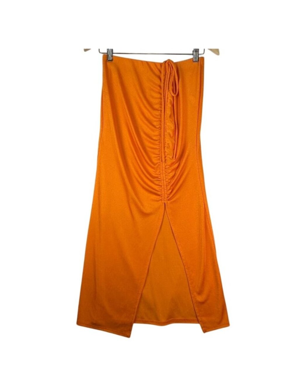 New Orange Ruched Midi Skirt With Drawstring Adjustable Front Slit Size L NWT